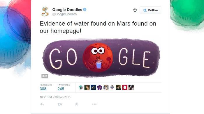 NASA证实火星上有水  Google涂鸦出现超萌“火星饮水图”